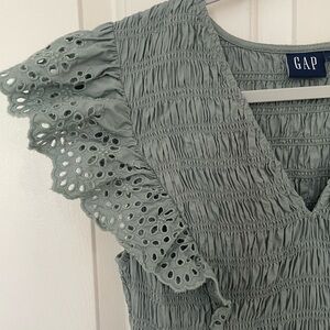 Smocked Flutter Sleeve Eyelet Sage Green Dress from GAP for women Size S Tall